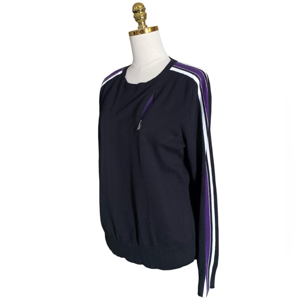 Ralph Lauren Active Women’s Cotton Black w/ Striped Sleeves Crewneck Sweater L - Picture 3 of 7